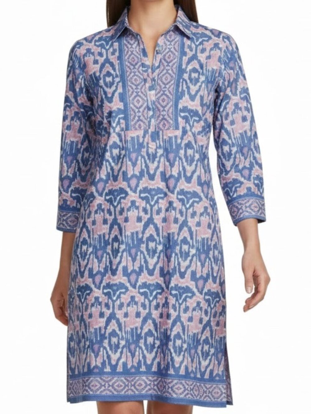 Bella Tu Charlie Shirt Dress Blue Pink White Small Boho Ikat Vacation Coastal